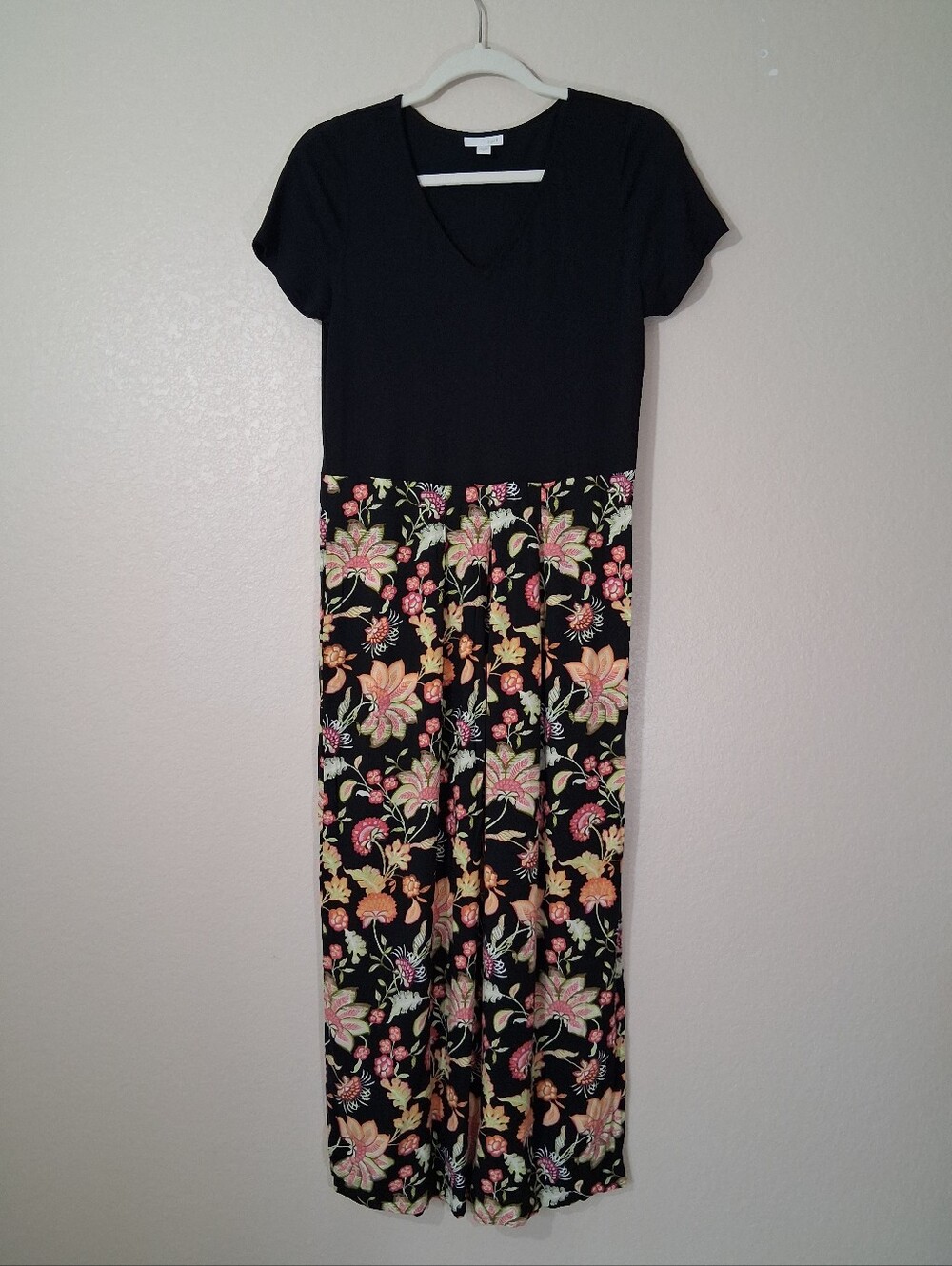 J. Jill Mixed Media V Neck Floral Maxi Dress Modal Blend Women's XS Black Pink